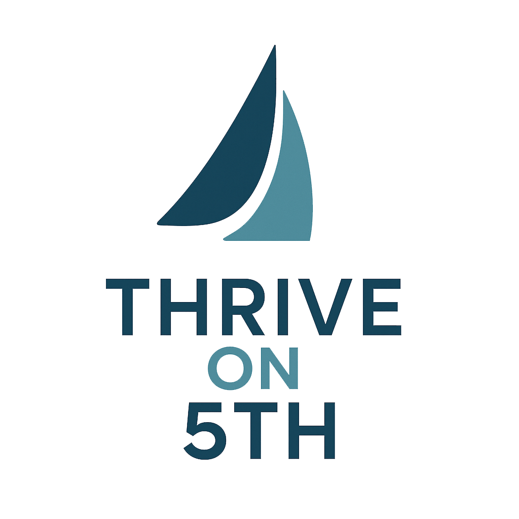 A graphic with a sailboat and the words "THRIVE ON 5TH" in blue text.